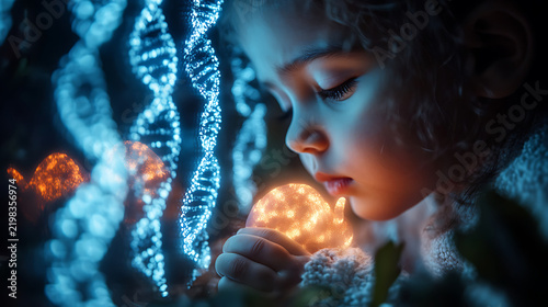 Close-up of hologram depicting mythical DNA strands beside actual glowing fetus 
