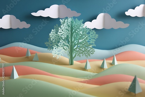 A papercraft landscape showing a lush green tree and rolling hills