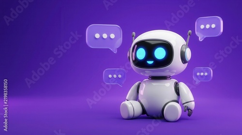 Speech bubbles surrounding a cute white robot on a purple background