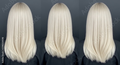 Three views of long straight blonde hair with straight hairstyle bleached