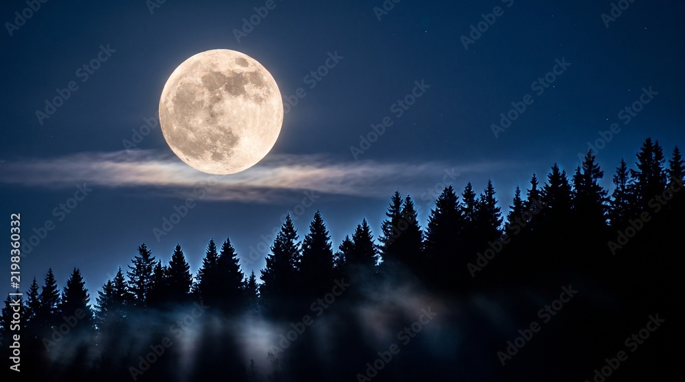 Fototapeta premium Stunning full moon shining bright in the dark blue night sky over the silhouettes of a coniferous pine forest with mysterious fog and mist, creating a serene and mystical nature landscape.