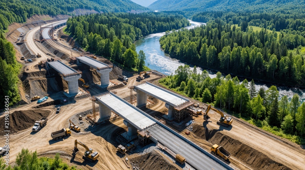 Obraz premium Aerial view of highway bridge construction site near river. Heavy machinery builds new road overpass with concrete pillars in green forest. Excavators, trucks work on infrastructure expansion project