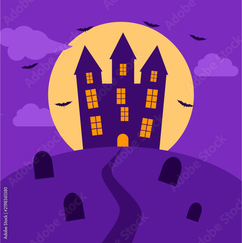 Spooky witch house with glowing windows on full moon night