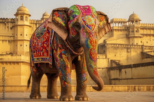 Decorated ceremonial elephant with painted colorful patterns standing at Amber Fort in Jaipur India