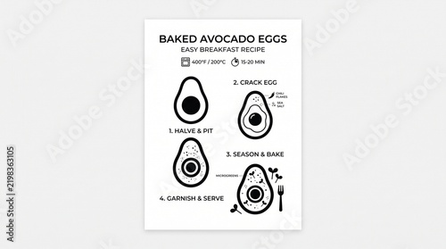 Baked avocado eggs recipe illustrated step-by-step for a quick breakfast.