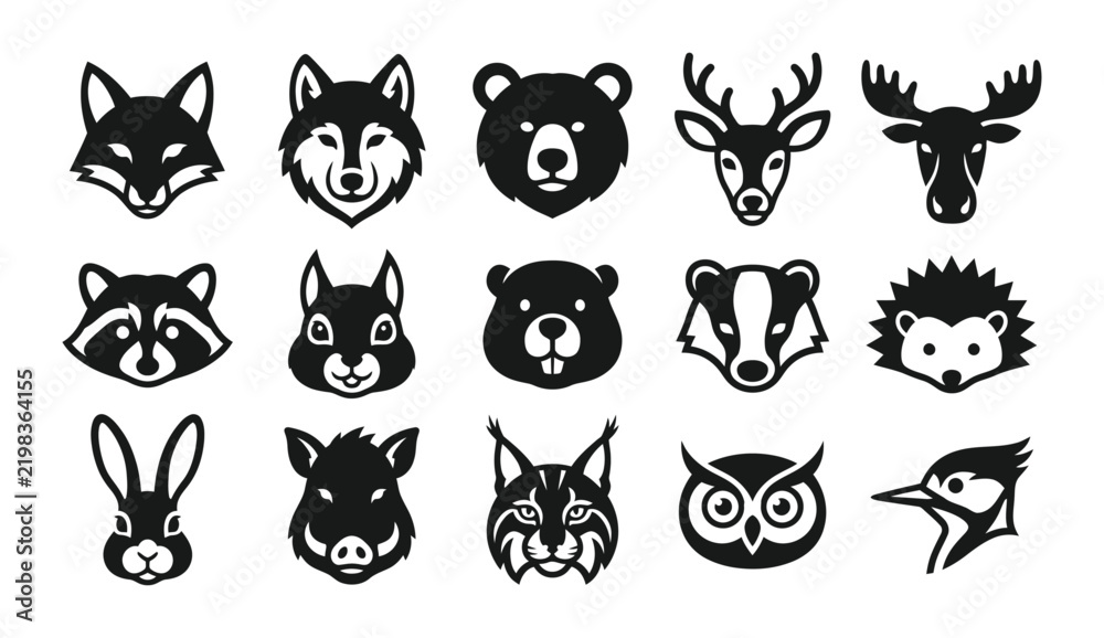 Obraz premium Set of black and white woodland animal head icons isolated on a white background for design projects