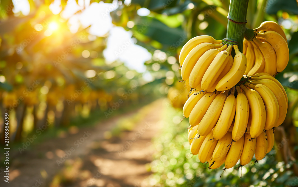 Obraz premium Yellow banana bunch hanging on tree in tropical plantation