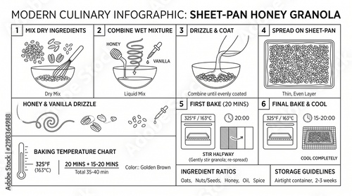 Infographic of sheet-pan honey granola preparation with ingredients and instructions