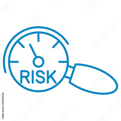 Risk assessment and evaluation vector line icon. Magnifying glass over risk gauge meter representing financial audit and threat identification