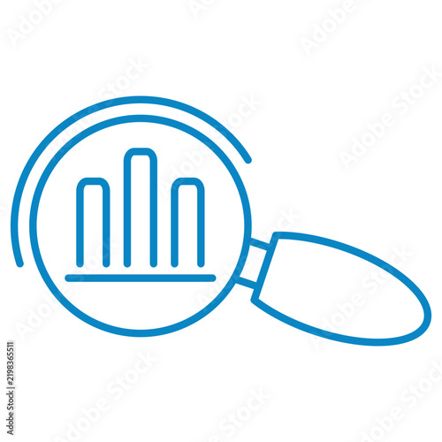 Data analysis and bar chart inspection vector line icon. Magnifying glass over statistics graph representing business audit and metrics research