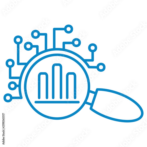 Smart data analytics and AI data mining vector line icon. Magnifying glass with circuit board nodes over bar chart representing automated research