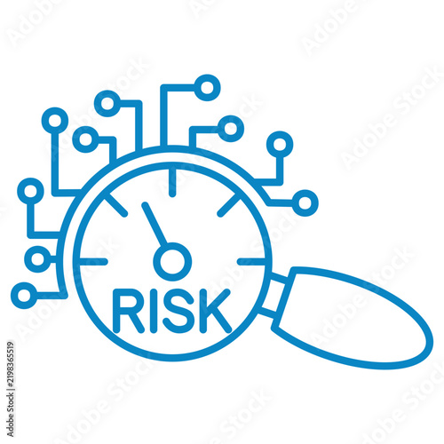 AI risk assessment and automated threat detection vector line icon. Magnifying glass with circuit board nodes focusing on risk gauge meter