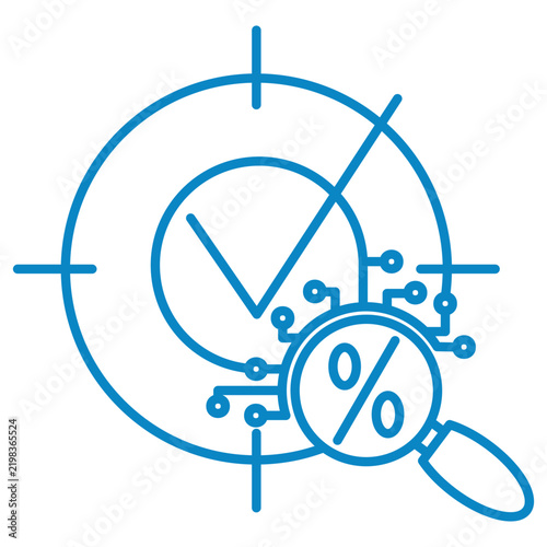 AI precision target and percentage inspection vector line icon. Target with checkmark and magnifying glass showing percent symbol over circuit nodes