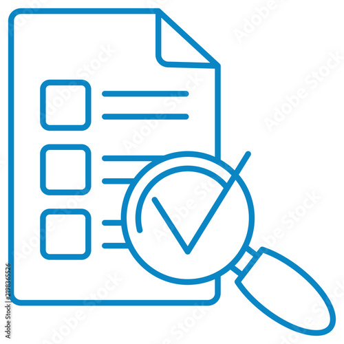 Document audit and checklist inspection vector line icon. Document form with checkboxes and magnifying glass showing verified checkmark symbol