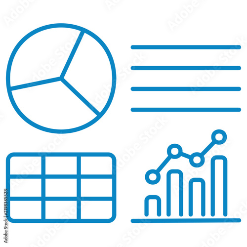 Data dashboard and business intelligence vector line icon. Set of chart elements, spreadsheet table, and statistical graphs for analytics report