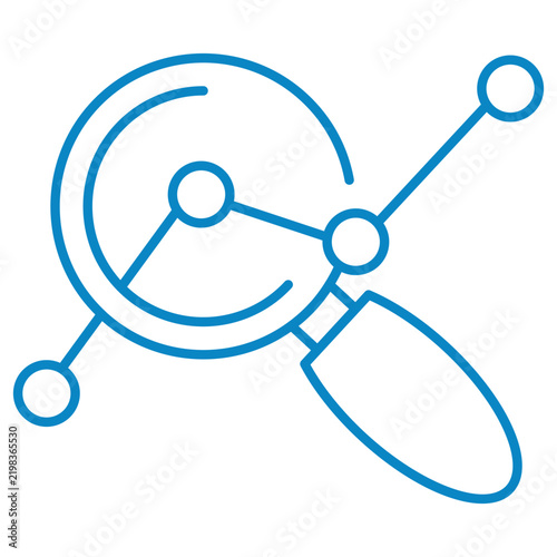 Network analytics and trend research vector line icon. Magnifying glass focusing on line graph nodes representing connection analysis and forecasting