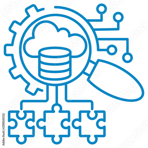 AI component analysis and system modular inspection vector line icon. Magnifying glass analyzing cloud database with puzzle piece components and gear circuit
