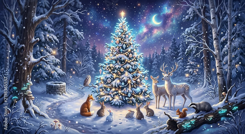 A magical fantasy forest at night during winter. Animals gathered around a glowing, naturally decorated pine tree. Soft falling snow, bright stars, and a beautiful nebula in the night sky