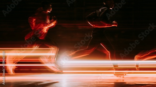 Cinematic photo of a man trying his first community running group. Motion blur effect, dynamic energy, overcoming fear, personal growth, intense focus, lifestyle, high quality stock imagery.