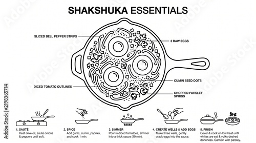 Shakshuka essentials ingredients guide in a modern graphic style on a white background 