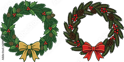 Christmas wreaths with pine branches holly and pine cones.