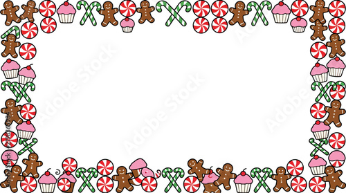 Christmas rectangular frame with gingerbread cookies candy canes and pink cupcakes