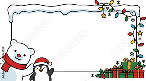 Polar bear and penguin frame with christmas lights for seasonal winter messages