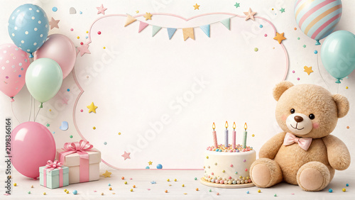 Festive birthday background with teddy bear balloons cake and gifts for kids celebration