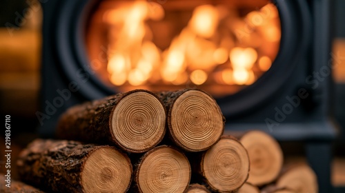 Sleek black cast iron stove with vibrant orange flames, organized wood logs stack, eco friendly home heating concept, dark aesthetic modern interior background photography.