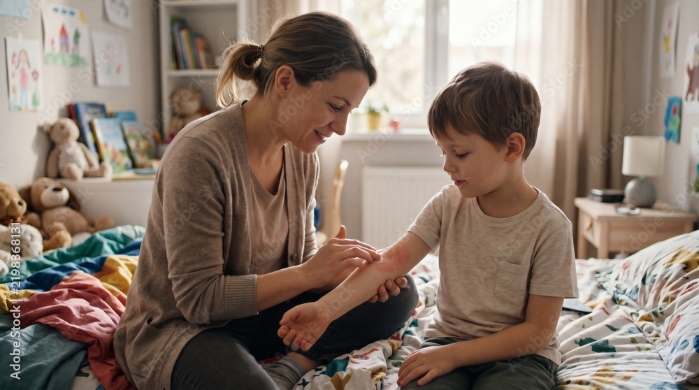 Obraz premium Maternal warmth and parent-child emotional bonding: affectionate mother having a loving supportive conversation with her young son on living room sofa. Detailed clinical photography image.