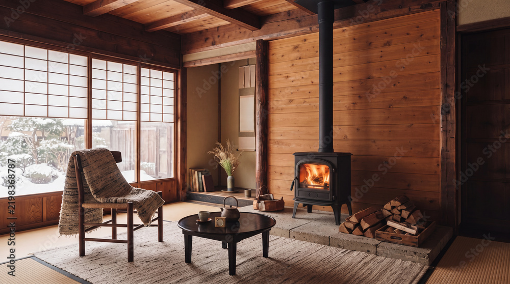 Fototapeta premium 日本語: 雪景色を望むリノベーション古民家の居間と薪ストーブのある温かいインテリア｜Cozy winter living room in a renovated Japanese house with wood burning stove and snow view