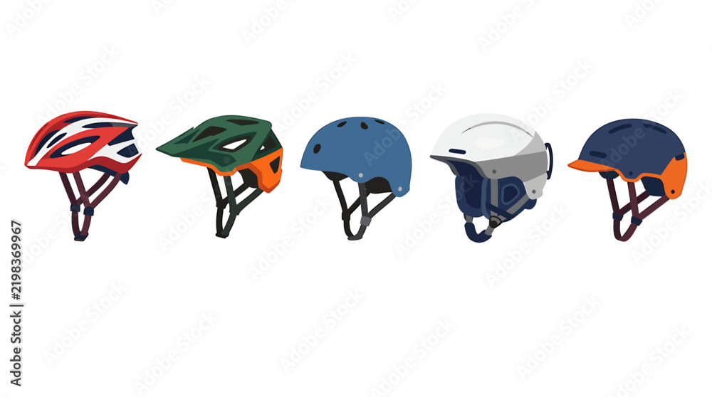 Obraz premium Bicycle helmet set with 5 vector icons, protective sports headgear for cycling and skating, colorful safety equipment collection