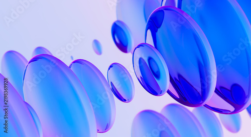 Abstract blue bubbles 3D render floating on light background with glossy transparent texture and soft reflections