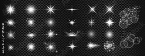 Glowing white star sparkles and lens flare collection, 26 light effect elements, shining glitter bursts and bokeh bubbles on transparent background