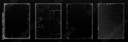 Vintage glass texture set, 4 transparent scratched glass overlays, realistic weathered screen effect with dust and grunge cracks for photo editing