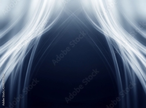 Symmetrical white light streaks forming a dynamic arching tunnel against a deep dark background, creating a futuristic abstract effect for technology, motion and digital design.