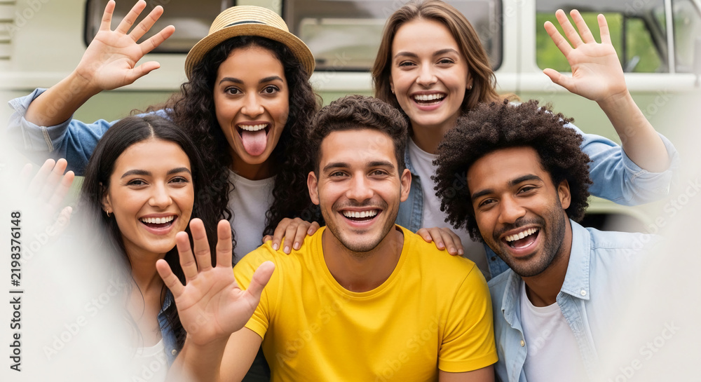 Obraz premium A diverse group of young adults smiling and waving, representing joy, friendship, and summer adventure, perfect for travel or lifestyle themes.