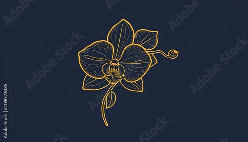 The image features a delicate, line drawn illustration of an orchid flower, rendered in a golden hue against a dark background