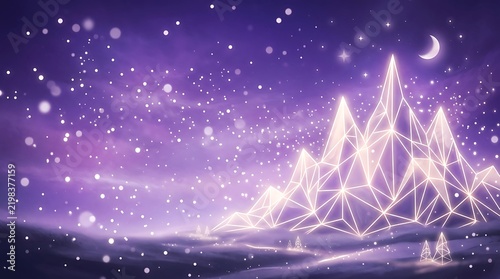 Abstract purple geometric mountains with glowing lines and starry night sky background.