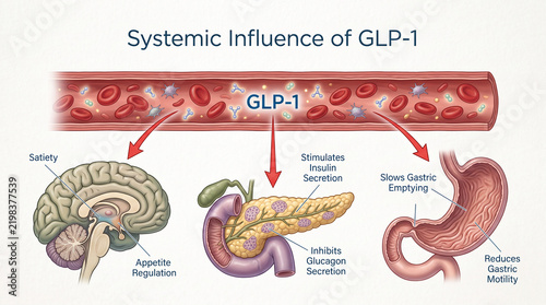 Illustration of GLP-1's systemic influence on brain, pancreas, and stomach, demonstrating appetite regulation and metabolic effects