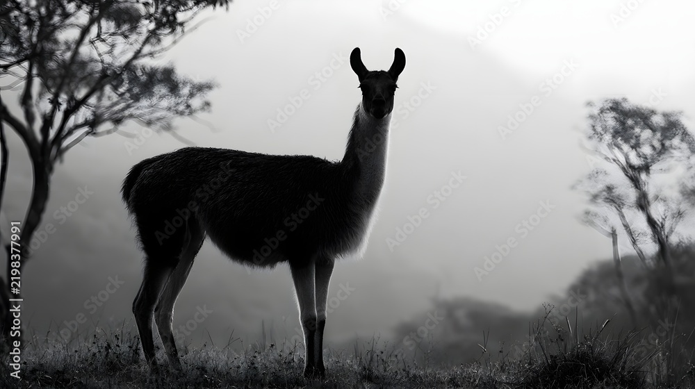 Obraz premium A solitary llama stands alert in a misty mountainous landscape with sparse trees and soft diffused lighting