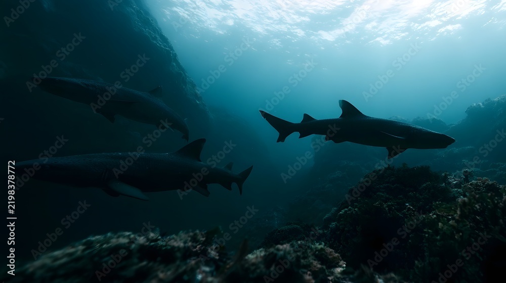 Obraz premium Three sharks glide gracefully through deep blue ocean waters near rocky underwater terrain with sunlight filtering from above