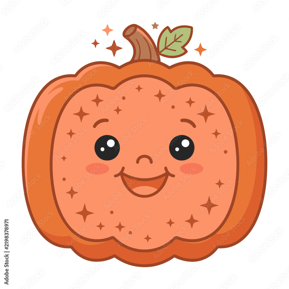 Fototapeta premium Smiling cartoon pumpkin with happy face and green leaf on top for fall season