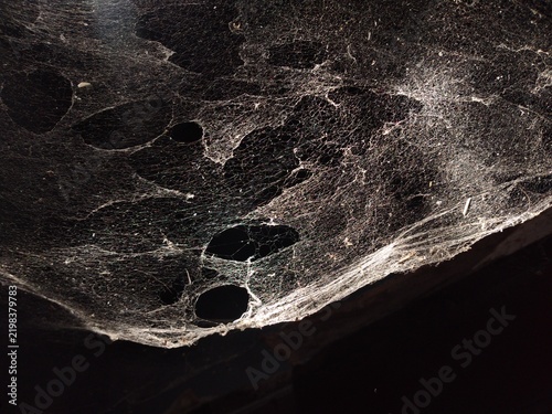 Spooky dusty spider web texture background with holes on dark background