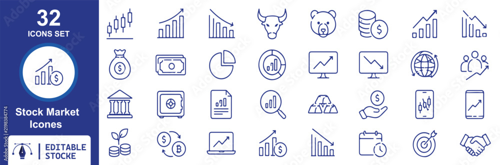 Fototapeta premium 32 Business Finance Vector Outline Icons Set – Growth, Investment, Market Analysis, Money, Banking and Financial Strategy Line Symbols Collection