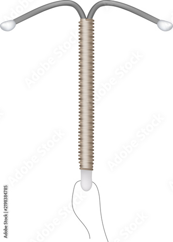 T shaped copper IUD intrauterine contraceptive device isolated on  background. Copper intrauterine contraceptive coil for birth control and pregnancy prevention.
