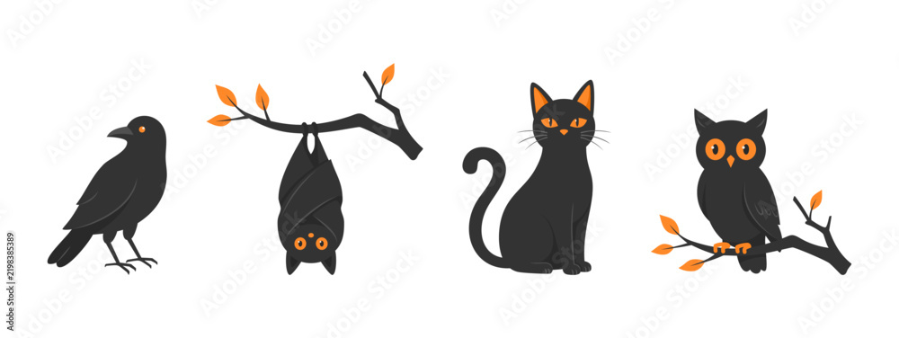 Obraz premium Set of Halloween animals isolated on a white background, flat vector illustration