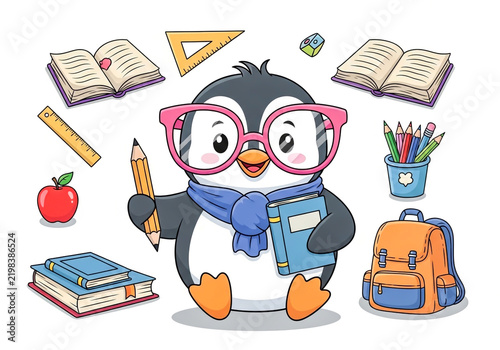 Cute cartoon penguin student with school supplies and books