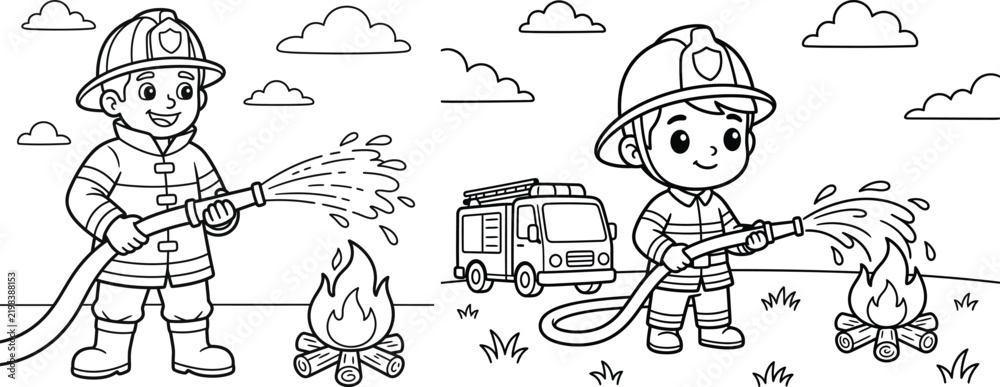 Fototapeta premium Black and white line art illustration featuring two cartoon firefighters using hoses to extinguish small fires in a landscape