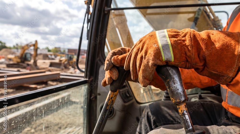 Fototapeta premium Heavy machinery operator hands on excavator controls, construction worker in safety gear operating earthmoving equipment, industrial site development